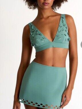Shan Charlie-Rose Swim Mini Skirt Cover Up Sage Green Laser Cut Size 6